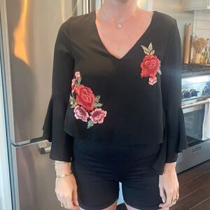 Black Top with Rose Applique